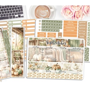 May include: A set of planner stickers featuring a September calendar theme with autumn imagery including pumpkins, porch swings, and foliage in muted green and orange tones. The sheets include date markers, labels, and decorative strips for organisation.