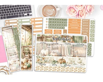 NEW! Monthly September Sticker Kit - Fall Vibes - Monthly Kit Planner Stickers 3 Pg Kit & 1 Sidebar - Notes Kit Dashboard - DD-00599