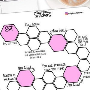 May include: A printable planner sticker sheet with a motivational honeycomb design. The sheet features pink hexagonal stickers with inspirational phrases like "Start", "Keep Going!" and "Believe in Yourself!"
