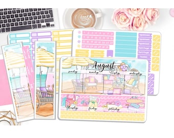 NEW! Monthly August Sticker Kit - Beach Day - Monthly Kit Planner Stickers 3 Pg Kit & 1 Sidebar - Notes Kit Dashboard DD-00897