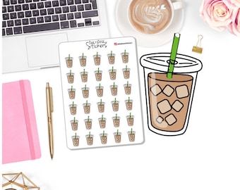May include: A sheet of 36 iced coffee stickers with a single larger iced coffee sticker with a green straw. The sheet says "Daily Dose of Stickers" and "addisonandkiera.com".