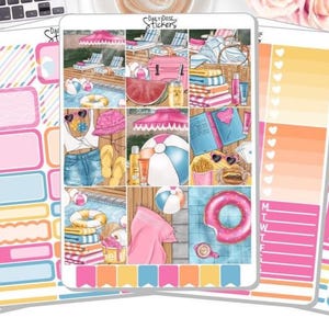 NOUVEAU ! Kit d'autocollants hebdomadaire - Bord de piscine - Été - Kit d'autocollants - Autocollants pour agenda DD-00711a-e