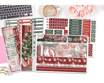 May include: A collection of Christmas-themed planner stickers in red, green, and white. The stickers include images of a Christmas tree, gifts, gingerbread houses, and ornaments. Text includes "December", dates, and holiday-related events.
