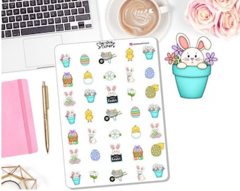 May include: A sheet of Easter-themed stickers featuring bunnies, chicks, eggs, flowers, and wheelbarrows. The stickers are in pastel colors and include the text "Happy Easter". A single sticker shows a bunny in a blue pot with flowers.