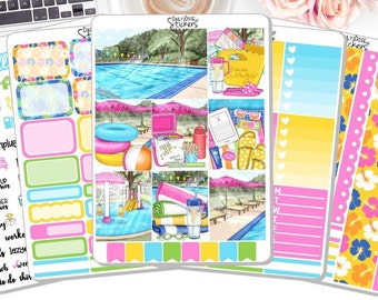 May include: A set of colorful planner stickers featuring a poolside theme. The stickers include a pool, lounge chairs, towels, a cooler, and a variety of other summer-themed designs. The stickers are perfect for adding a touch of fun to your planner.
