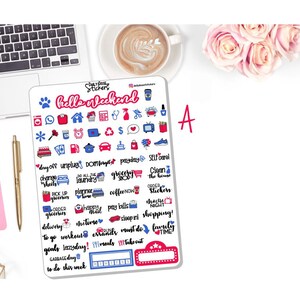 K&ouml;nnte beinhalten: Ein Blatt mit bunten Aufklebern mit verschiedenen Symbolen und Texten. Die Aufkleber sind f&uuml;r die Verwendung in einem Planer oder Tagebuch gedacht. Der Text auf den Aufklebern umfasst "hello weekend", "frei", "ausstecken", "die ganze W&auml;sche waschen", "Einkaufen", "das Haus putzen", "Aufkleber bestellen", "Musiknacht", "Einkaufen", "Familienzeit", "diese Woche zu tun", und mehr.