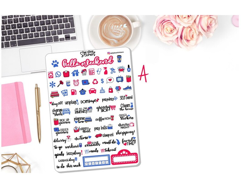 K&ouml;nnte beinhalten: Ein Blatt mit bunten Aufklebern mit verschiedenen Symbolen und Texten. Die Aufkleber sind f&uuml;r die Verwendung in einem Planer oder Tagebuch gedacht. Der Text auf den Aufklebern umfasst "hello weekend", "frei", "ausstecken", "die ganze W&auml;sche waschen", "Einkaufen", "das Haus putzen", "Aufkleber bestellen", "Musiknacht", "Einkaufen", "Familienzeit", "diese Woche zu tun", und mehr.