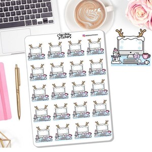 May include: A sheet of 18 winter-themed computer stickers. Each sticker features a computer with a snowman, a mug, and a keyboard. The stickers are white with pink, blue, and black accents. The stickers are arranged in a grid pattern on a white background.