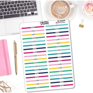 May include: A sheet of colorful planner stickers with the word "work" repeated. The stickers feature horizontal stripes in various colors, including pink, blue, green, and yellow. The sheet also has the "Daily Dose Stickers" logo.