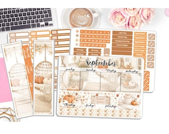 NEW! Monthly September Sticker Kit - Pumpkin Season - Monthly Kit Planner Stickers 3 Pg Kit & 1 Sidebar - Notes Kit Dashboard - DD-00160