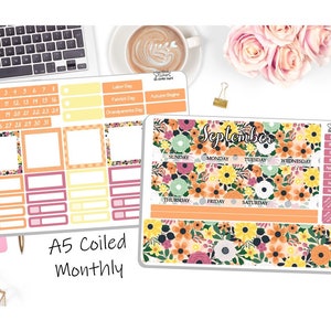 NEW! - A5 Monthly Coiled September Sticker Kit - Fall Floral - September A5 Monthly Kit  - Planner Stickers - 2 Pg Kit  DD-00951Sept2