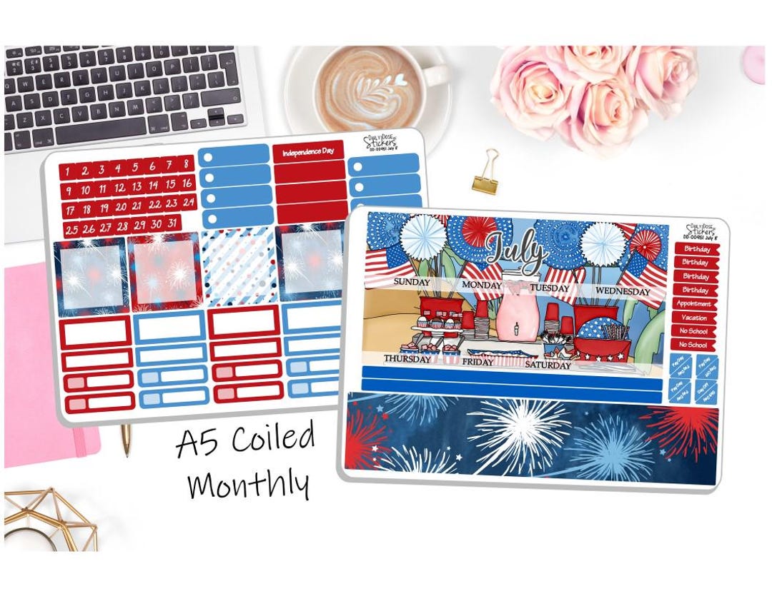 NEW! - A5 Monthly Coiled July Sticker Kit - 4th of July Beach Picnic ...