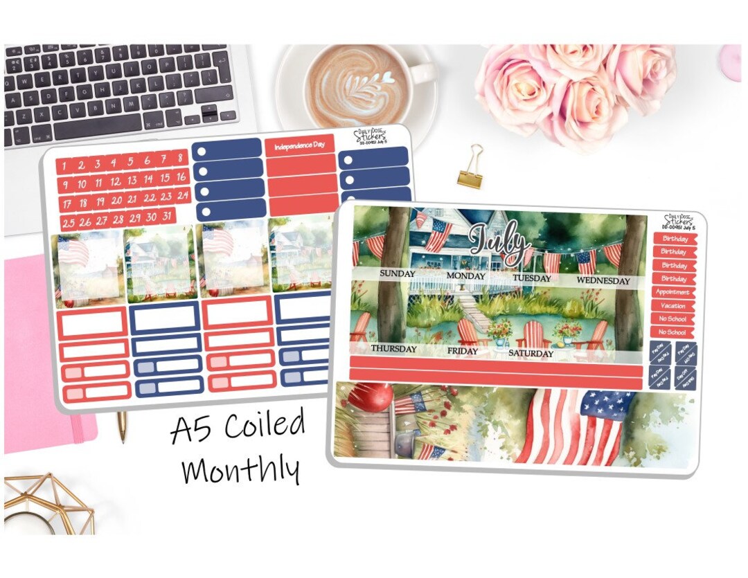 NEW! - A5 Monthly Coiled July Sticker Kit - Vintage July 4th ...