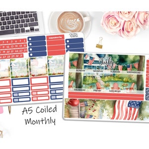 NOUVEAU ! - Kit d'autocollants enroulés mensuels A5 pour juillet - vintage 4 juillet - Aquarelle - Kit mensuel A5 de juillet - Stickers pour agenda - Kit de 2 pages DD-00951 5 juillet