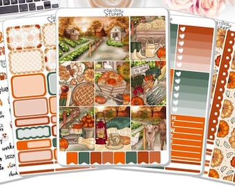 May include: A set of autumn-themed planner stickers featuring illustrations of pumpkins, pies, and farm scenes. The stickers use a colour palette of orange, brown, and green. Some stickers have text like "hello", "day off", and "pick up groceries".