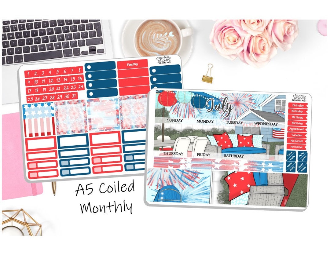 NEW! - A5 Monthly Coiled July Sticker Kit - 4th of July Backyard - July ...