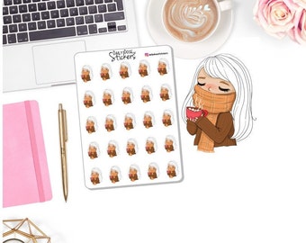 NEW! Fall Character Stickers - Fall Character Drinking Coffee - Madison - Planner Girl Stickers - Planner Stickers DD-00158D