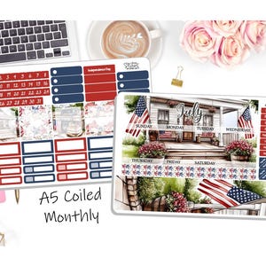NOUVEAU ! - Kit d'autocollants enroulés mensuels A5 - Porche du 4 juillet - Aquarelle - Stickers pour agenda - Kit de 2 pages DD-00951 9 juillet
