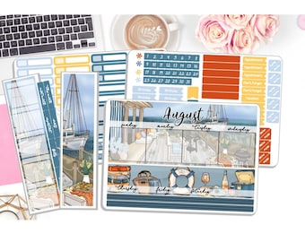 NEW! Monthly August Sticker Kit - Coastal Summer - Monthly Kit Planner Stickers 3 Pg Kit & 1 Sidebar - Notes Kit Dashboard DD-00080