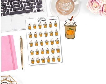 May include: A sticker sheet featuring thirty small illustrations of iced coffee drinks topped with whipped cream and a pumpkin icon, with the text Daily Dose of Stickers at the top, alongside one larger individual pumpkin iced coffee sticker.