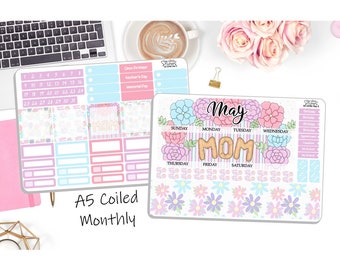 NEW! - A5 Monthly Coiled May Sticker Kit - Mom - May A5 Monthly Kit  - Planner Stickers - 2 Pg Kit  DD-00951May5