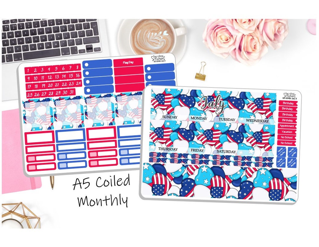 NEW! - A5 Monthly Coiled July Sticker Kit - 4th of July Balloons - July ...