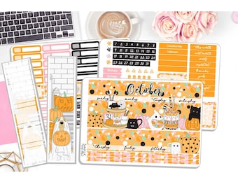 May include: A Halloween-themed planner sticker set with orange, black, and white colors. The set includes a calendar, daily boxes, and a weekly spread with cute illustrations of ghosts, pumpkins, and candy.