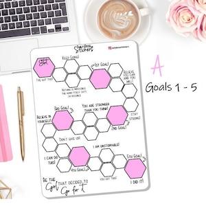 May include: A white printable planner sheet with pink hexagonal stickers that have motivational phrases like "Keep Going", "I've Got This", "Believe in Yourself", "You Are Stronger Than You Think", "Don't Give Up", "I Am Unstoppable", "I Can Do This", "You Got This", and "I Did It!" The sheet has the text "Be the Girl That Decided To Go For It" at the bottom.