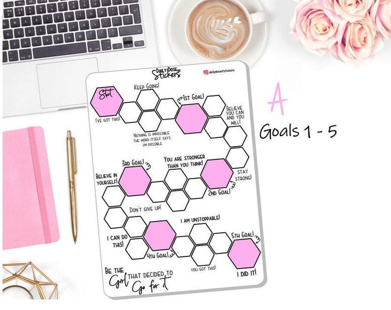 May include: A white printable planner sheet with pink hexagonal stickers that have motivational phrases like "Keep Going", "I've Got This", "Believe in Yourself", "You Are Stronger Than You Think", "Don't Give Up", "I Am Unstoppable", "I Can Do This", "You Got This", and "I Did It!" The sheet has the text "Be the Girl That Decided To Go For It" at the bottom.