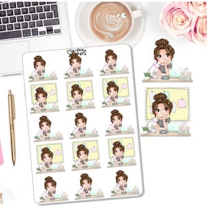 May include: A sheet of 16 stickers featuring a cartoon woman working at a desk. The woman has brown hair in a bun and is wearing a light blue shirt. The stickers are on a white background.
