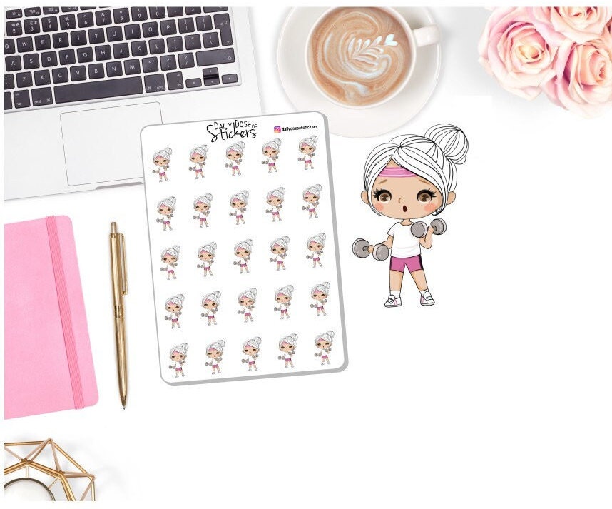 NEW! Workout Girl Character Stickers - Weights - Strength Training - Planner Girl Stickers - Planner Stickers DD-00265C