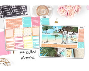 NEW! - A5 Monthly Coiled June Sticker Kit - Tropical Retreat - June A5 Monthly Kit  - Planner Stickers - 2 Pg Kit  DD-00951June2