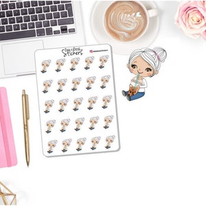 NEW! Coffee Character Stickers - Sitting Drinking Iced Coffee - Madison - Planner Girl Stickers - Planner Stickers DD-00224D