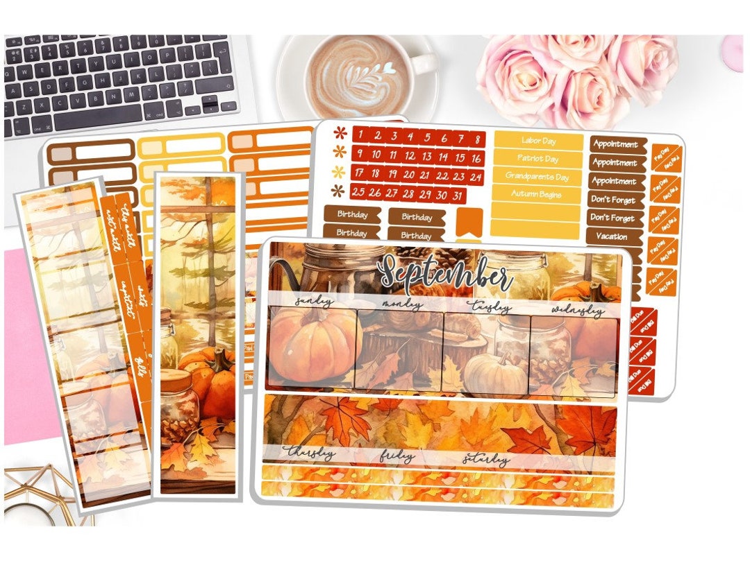 NEW! September Monthly Kit- Fall Leaves Watercolor- September Stickers ...