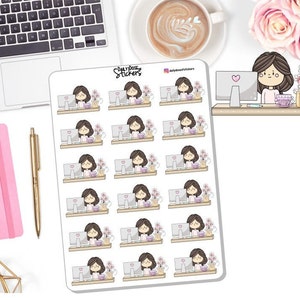 May include: A sheet of 18 stickers featuring a cartoon illustration of a person working at a computer with a cup of coffee and flowers on the desk. The stickers are white with a light gray outline and are arranged in a grid pattern. The text "Daily Dose Stickers" is printed in the top right corner of the sheet.