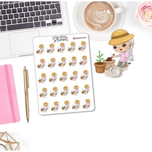 NOUVEAU ! Stickers personnage jardinage fille - plantation de fleurs - Madison - Stickers fille agenda - Stickers agenda DD-00877B