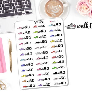 May include: A sheet of colorful stickers with a running shoe design and the word "walk" next to each shoe. There are 20 stickers in total, each with a different color shoe.
