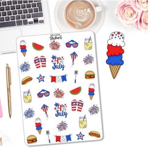 May include: A sheet of stickers with patriotic 4th of July designs. Includes ice cream cones, fireworks, watermelon slices, stars, and the text "4th of July". The stickers are in red, white, and blue.