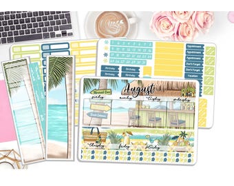 NEW! Monthly August Sticker Kit - Island Breeze - Monthly Kit Planner Stickers 3 Pg Kit & 1 Sidebar - Notes Kit Dashboard DD-00066