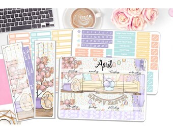 NEW! - Monthly April Sticker Kit - Happy Easter - Easter Monthly Kit  - Planner Stickers - 3 Pg Kit & 1 Sidebar  DD-00289