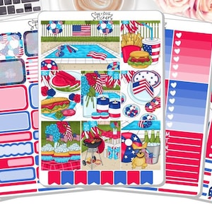 K&ouml;nnte beinhalten: Ein Set mit Planer-Stickern zum Thema 4. Juli in den Farben Rot, Wei&szlig; und Blau. Die Sticker zeigen Bilder von Feuerwerk, Hotdogs, Wassermelone und einem Pool. Die Sticker enthalten auch Text wie "Tag frei, abschalten" und "Lebensmittel bestellen".