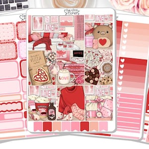 May include: A set of Valentine's Day themed planner stickers featuring a variety of designs, including hearts, pizza, coffee, and a bear. The stickers are in shades of pink and red.