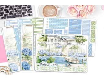 May include: A watercolor planner sticker set featuring a cottage with hydrangeas and a white picket fence. The sticker set includes a calendar page, weekly planner pages, and a variety of other stickers. The stickers are designed in a light blue and green color scheme.
