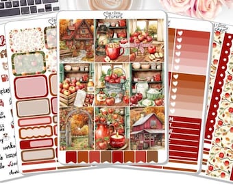May include: A collection of planner stickers with an autumn theme. The stickers feature illustrations of apples, rustic scenes, and decorative elements in shades of red, brown, and cream. The set includes various functional and decorative stickers for planning and organization.