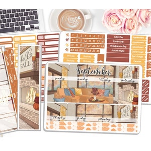 NEW! - Monthly September Sticker Kit - Hello Fall - September Monthly Kit  - Planner Stickers - 3 Pg Kit & 1 Sidebar  DD-00157