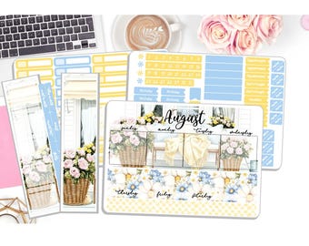 NEW! Monthly August Sticker Kit - Sunny Days - Monthly Kit Planner Stickers 3 Pg Kit & 1 Sidebar - Notes Kit Dashboard DD-00084
