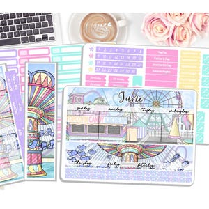 May include: A printable planner page with a June calendar and a whimsical carnival theme. The page features a Ferris wheel, a carousel, and other carnival attractions. The calendar is divided into days of the week, with each day having a different color. The page is designed to be used as a planner or journal.