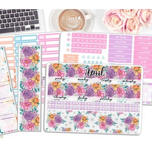 NEW! - Monthly April Sticker Kit - Floral Spring - April Monthly Kit Notes Kit/Dashboard Planner Stickers - 3 Pg Kit & 1 Sidebar  DD-00799
