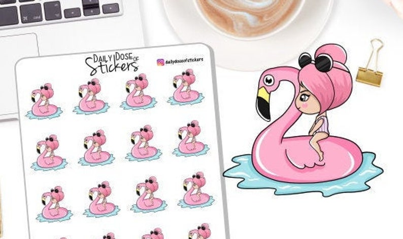 NEW Summer Character on Pool Float Summer Characters Pink Hair Character Character Stickers Planner Stickers DD-00699B image 2