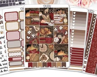 May include: A set of planner stickers with a cosy winter theme. The stickers include illustrations of a fireplace, a mug of hot chocolate, and a person reading a book. The stickers are in shades of brown, red, and white.